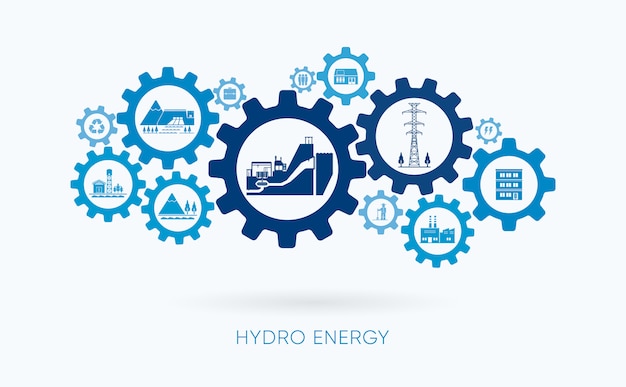 Hydro energy, hydro power plant with gear icon