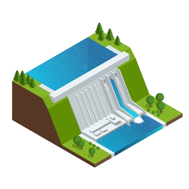 Hydroelectric Power Plant. Factory Electric. Water Power Station Dam Electricity Grid Energy Supply Chain. Flat 3d vector Illustration Isometric Building