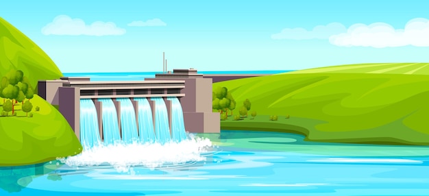 Hydroelectric power station river water renewable energy resource electric industrial technology factory natural environment landscape Vector illustration