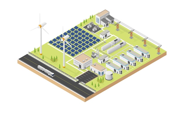 Hydrogen microgrid with wind turbine and solar cell in isometric graphic