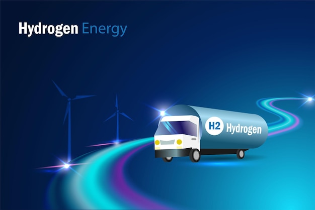 Hydrogen truck on futuristic road transport H2 Hydrogen fuel to gas stations Clean hydrogen energy for renewable fuel alternative sustainable energy fuel for future industry