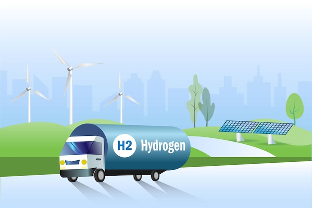 Hydrogen truck on road transport H2 Hydrogen fuel to gas stations Clean hydrogen energy for renewable fuel alternative sustainable energy fuel for future industry