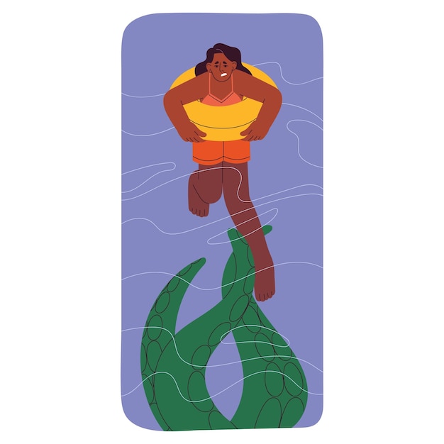 Hydrophobia phobia of water concept Scared woman swim on lifebuoy monster underwater by tentacles touches girl with mental disorder Psychology of fear panic adult person Flat vector illustration