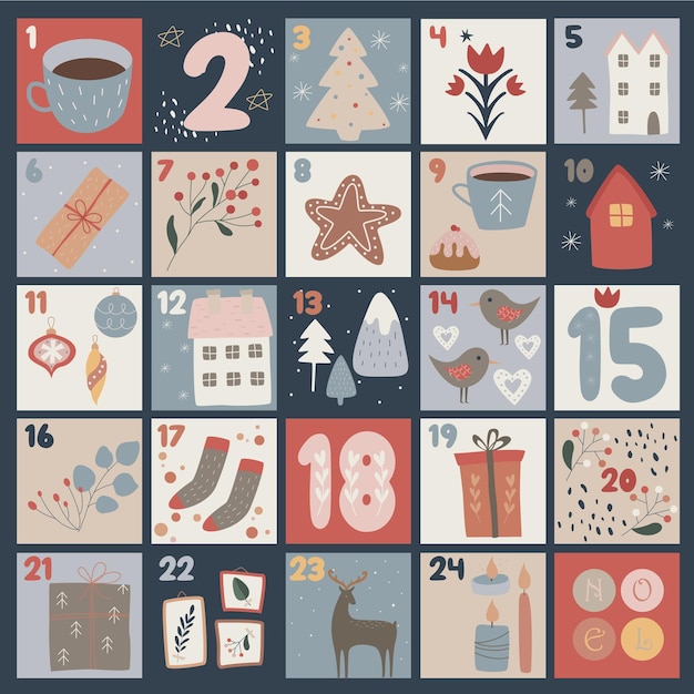 Vector hygge advent calendar, cozy hygge stuff, xmas numbers