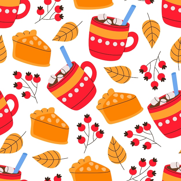 Hygge autumn seamless pattern with falling leaf, berries of rowan, pumpkin pie, marshmallow coffee.