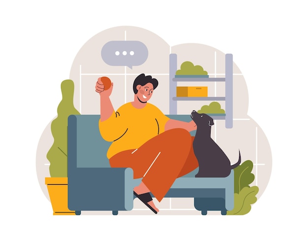 Vector hygge happy male character relaxing at home weekend leisure time time with a pet slow lifestyle