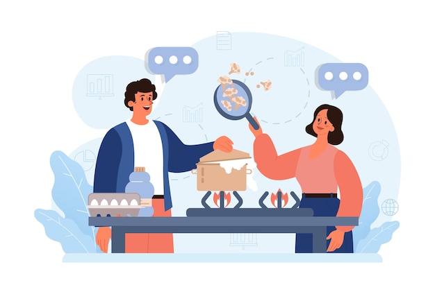 Hygge Happy people relaxing at home family members cooking together Slow lifestyle approach Idea of coziness and comfort Body and mind balance Flat vector illustration