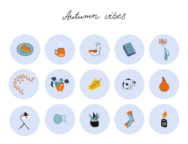 Hygge highlights covers for social media. Set of cute elements in doodle style. Hand drawn icons