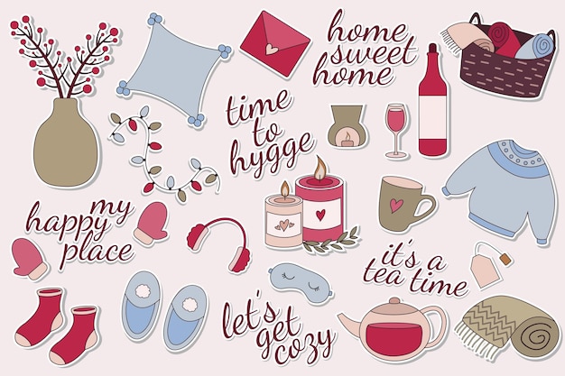 Hygge style Cozy home element sticker colection