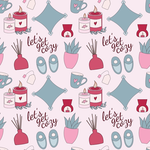 Hygge style seamless pattern with cosy home elements