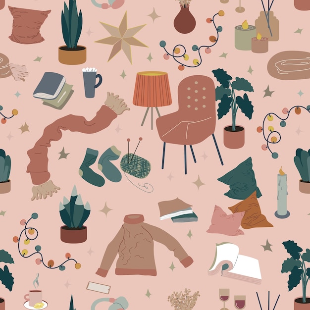 Hygge symbols seamless pattern vector illustration isolated on pink