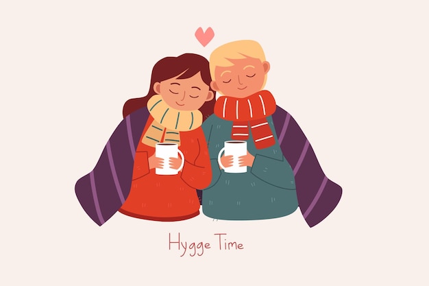 Hygge time, cute couple illustration