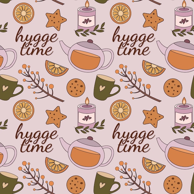 Hygge time seamless pattern with cozy home elements