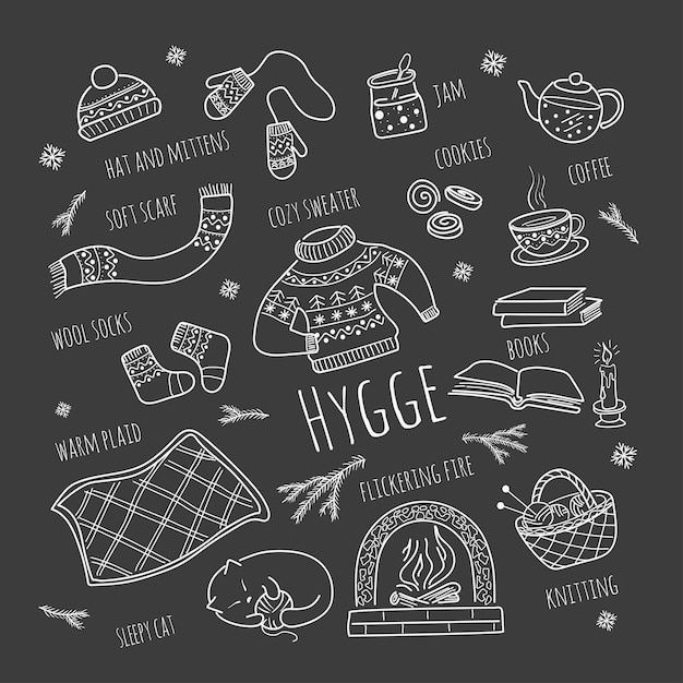 Hygge, a warm and cozy set of Doodle-style items.