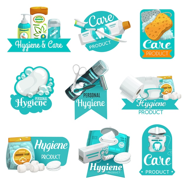 Vector hygiene product icons of soap sponge toothbrush