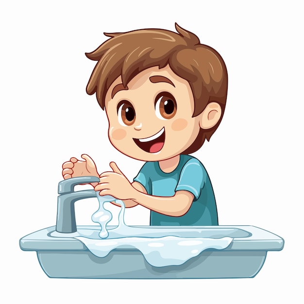 Hygienic Illustration of a Boy Washing Hands at Sink