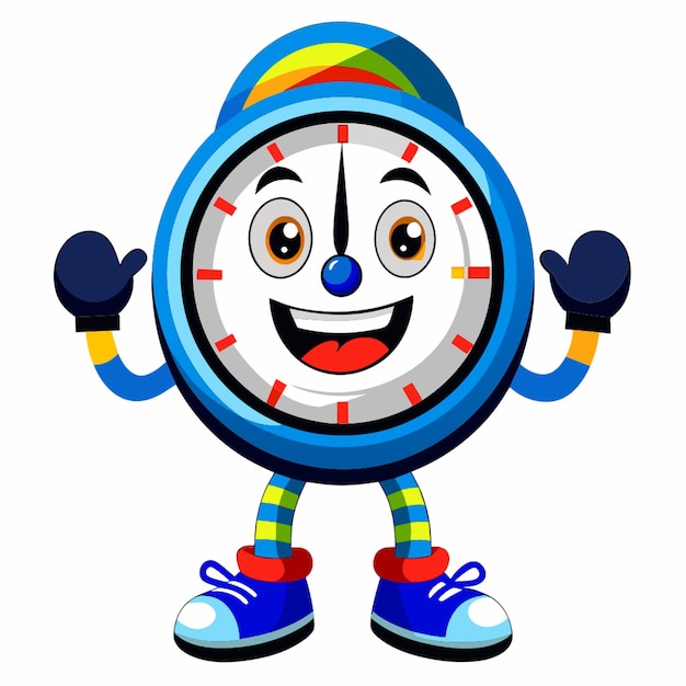 hyper realistic a smiling clock with colorful eyes and legs wearing black boots and blue and white