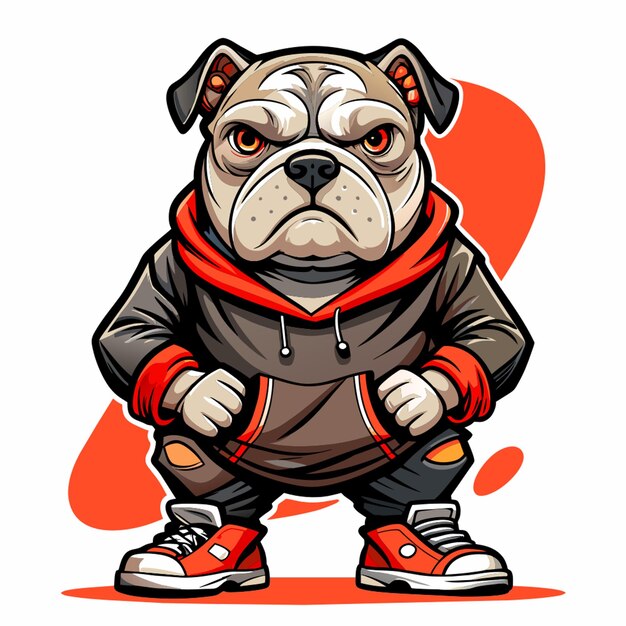 Vector hyper realistic sticker a full body bulldog wearing a ripped black hoodie tshirt and sneakers