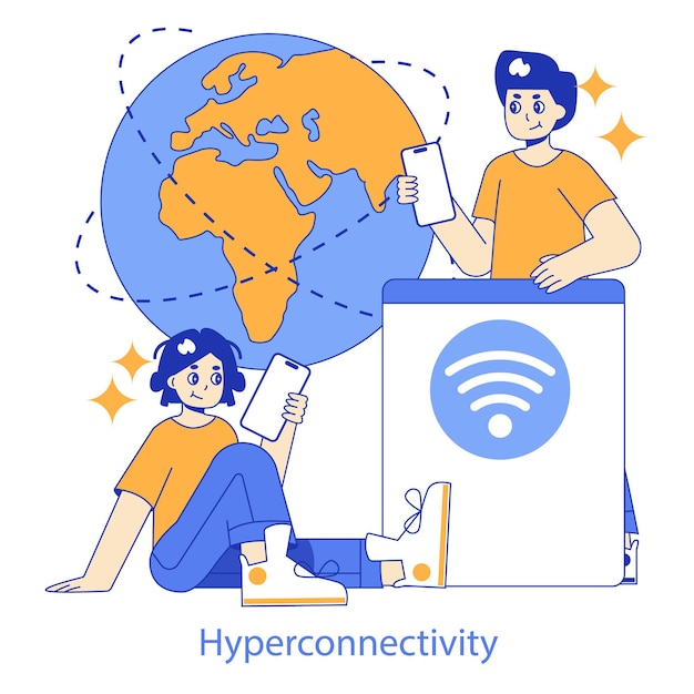 Vector hyperconnectivity concept two individuals using gadgets with a global network backdrop digital