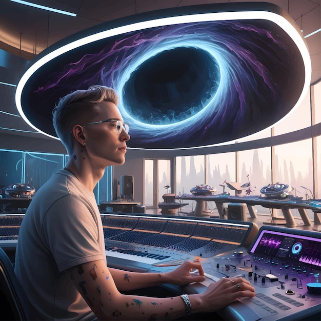 Hyperrealistic illustration of a music producer