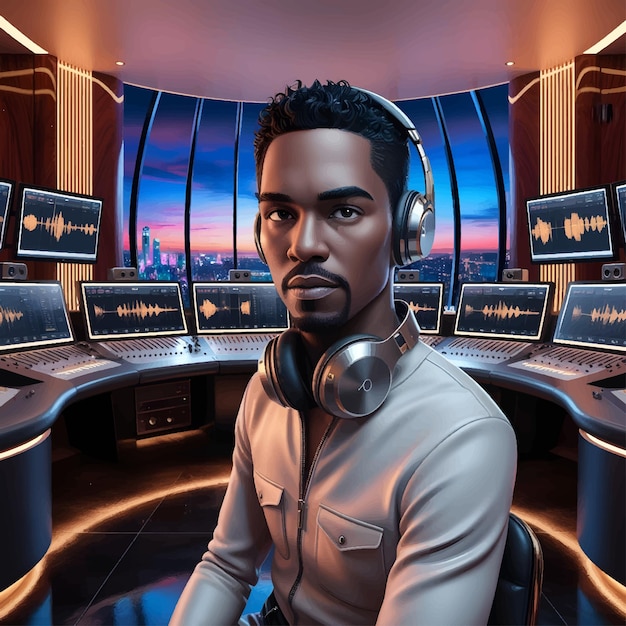 Hyperrealistic illustration of a music producer