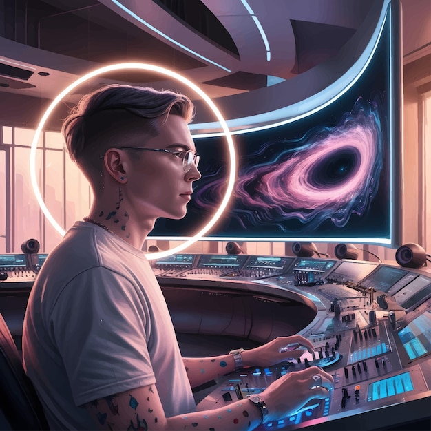 Hyperrealistic illustration of a music producer