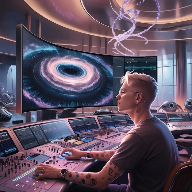 Hyperrealistic illustration of a music producer