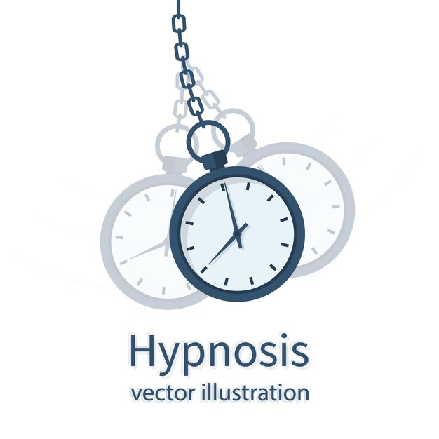 Vector hypnosis concept. watch on a chain. golden pocket watch. pendulum swinging. mind control. vector illustration flat design. isolated on background.