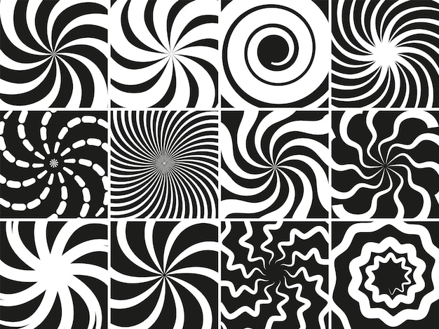 Hypnotic shapes collection Radial black white abstract spirals geometric circular swirls vector set