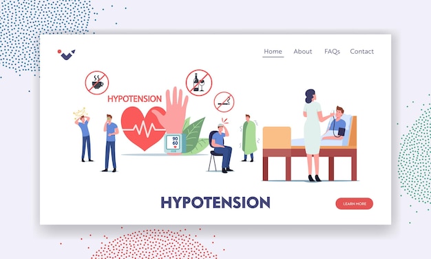 Hypotension, Health Medical Monitoring Landing Page Template. Tiny Characters at Huge Wrist Tonometer Measuring Blood Pressure. Doctors Checking Patient Pressure. Cartoon People Vector Illustration