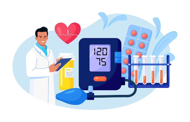 Hypotension or hypertension disease. Doctor writing results of cardiology checkup, sphygmomanometer, blood test tubes, medications on background. Cardiologist measuring patients blood pressure, pulse