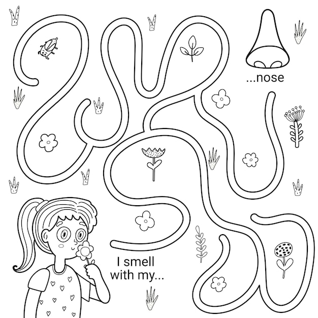 I can smell with my nose black and white maze game for kids. Five senses labyrinth coloring page.