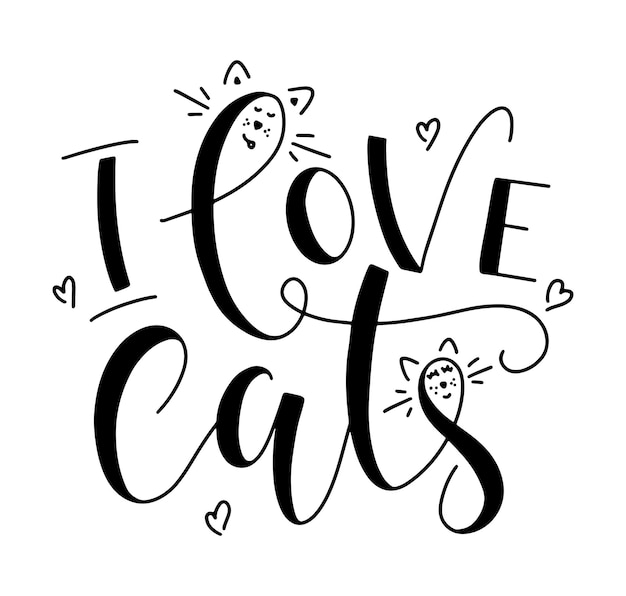 I love cats lettering with doodle kitten black text