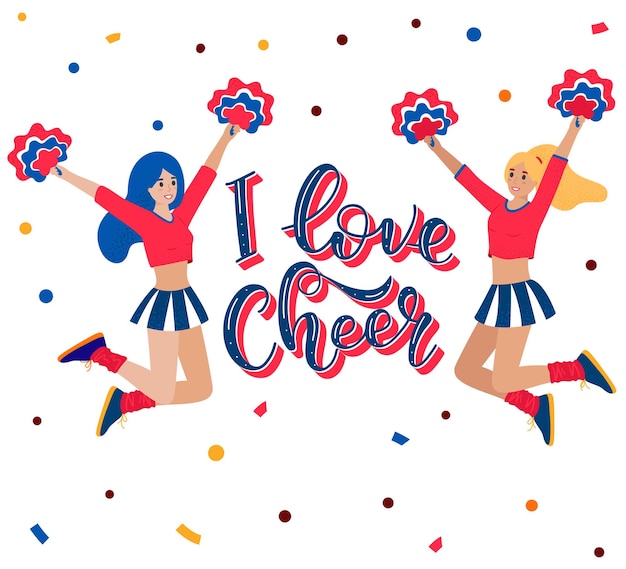 Vector i love cheer lettering with cartoon flat cheerleader girl