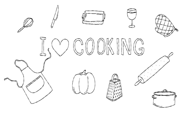 I love cooking silhouette line outline food isolated with text Doodle isolated background