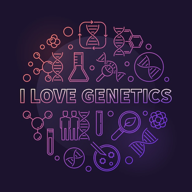 I Love Genetics vector colored concept thin line round illustration on dark background