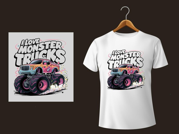 Vector i love monster trucks t shirt design vector illustration template for print on eps 10 file