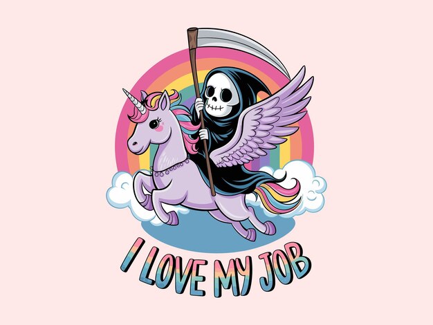 Vector i love my job grim reaper riding unicorn vector design