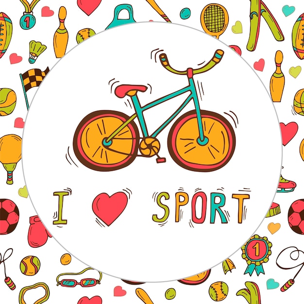 I love sport Bicycle emblem Hand drawn doodle sport background