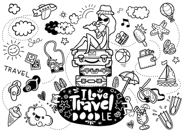 I love travel , Vector illustration of travel doodles sketch icons