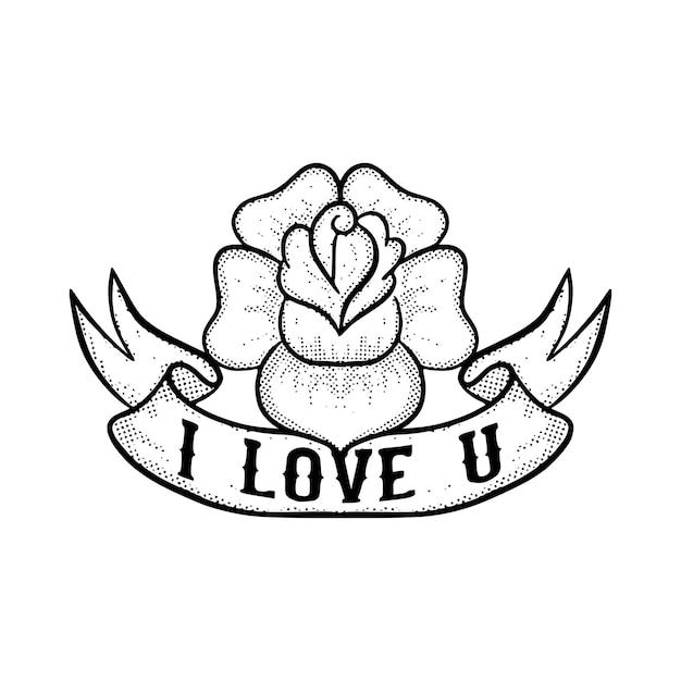 I love u with rose flower Illustration hand drawn cartoon sketch lineart vintage style vector