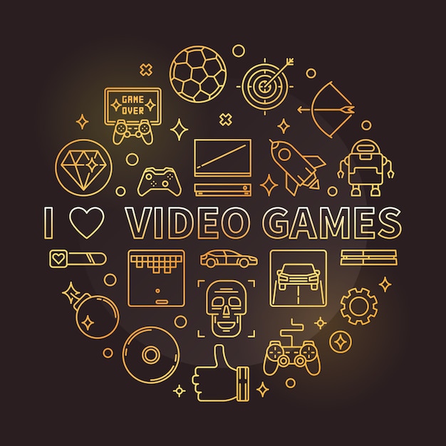 I Love Video Games golden round linear icon illustration