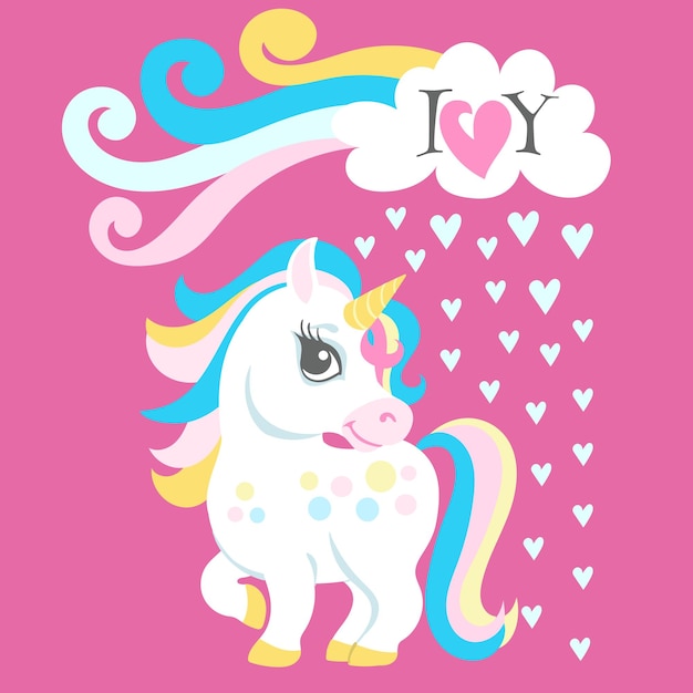 I love you card Magic unicorn in cute fairytale style isolated on white background