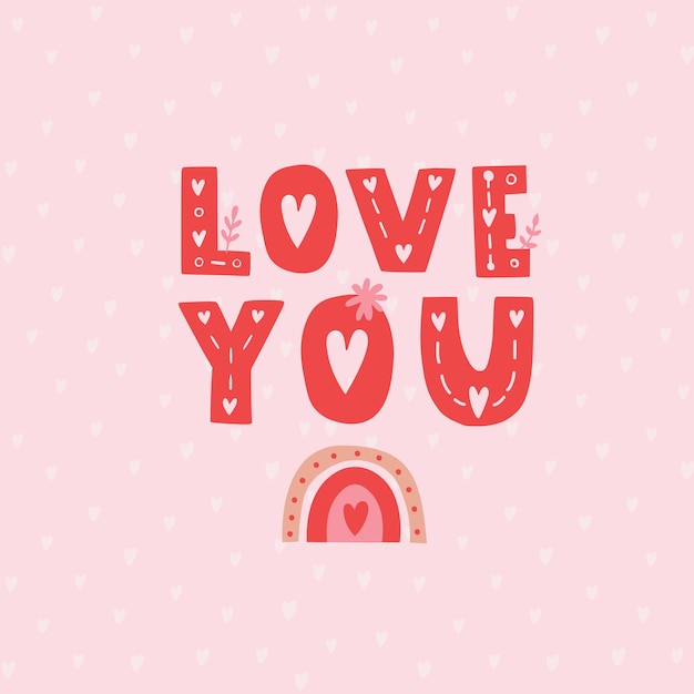 I Love You lettering card Cute word on pink backgroound cute card