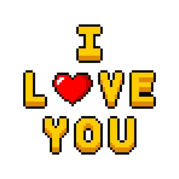 I love you with heart in pixel alphabet letters style isolated on white background. Vector illustration