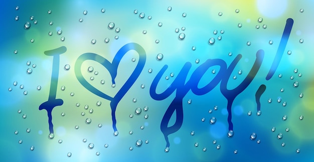 I love you words with heart drawn on a window over blurred background and water rain drops, vector realistic illustration, loneliness sadness and missing beautiful art.