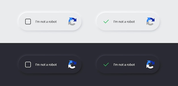 I'm not a robot captcha button set Dark and white buttons Website security form Neumorphism style