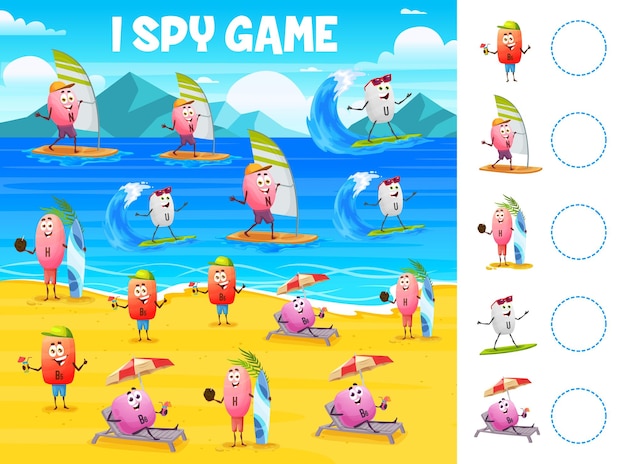 Vector i spy game cartoon vitamins on summer beach