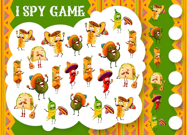 Vector i spy game mexican food and musician characters