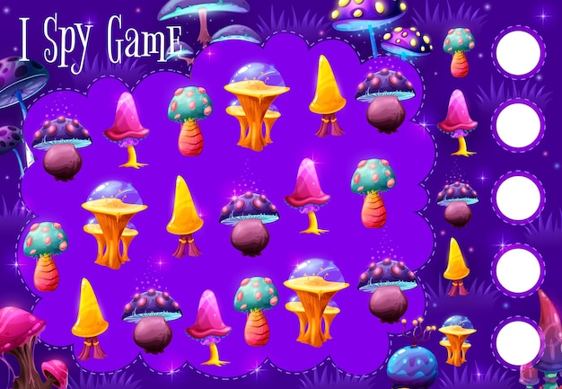 I spy game puzzle with magic luminous mushrooms